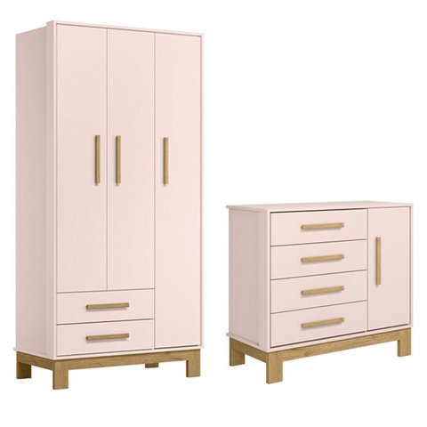 Jogo de Quarto Q Encanto Slim Guarda Roupa e Cômoda Rosa - Qmovi