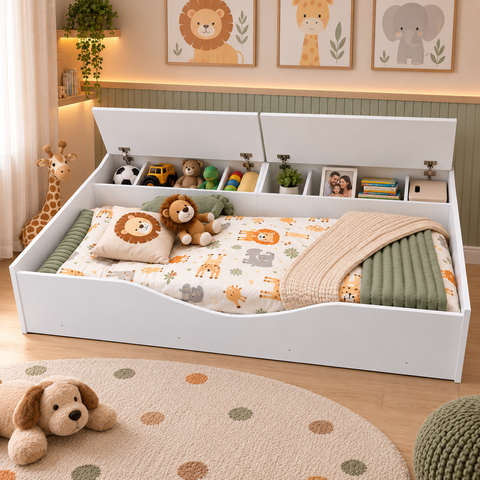 Cama Berço Juvenil Montessoriana com 2 Baús Flora 100% MDF:Branco