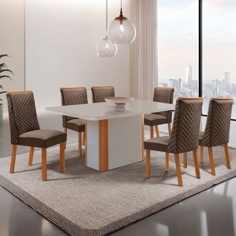Mesa de Jantar Isadora 180cm Tampo MDF Vidro Canto Copo com 6 Cadeiras Yasmin