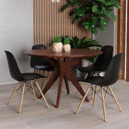 Conjunto Mesa Redonda Canela Adele 120cm com 4 Cadeiras Charles Eames Eiffel Preto - Iaza Móveis - 1