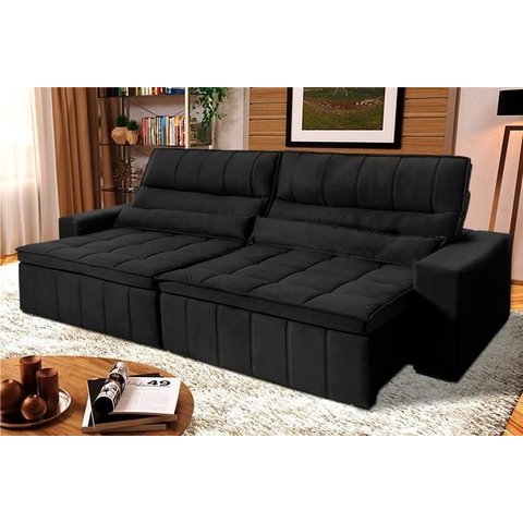 Sofá Retrátil Reclinável Supremo 2,50m Velut Preto C/ Molas