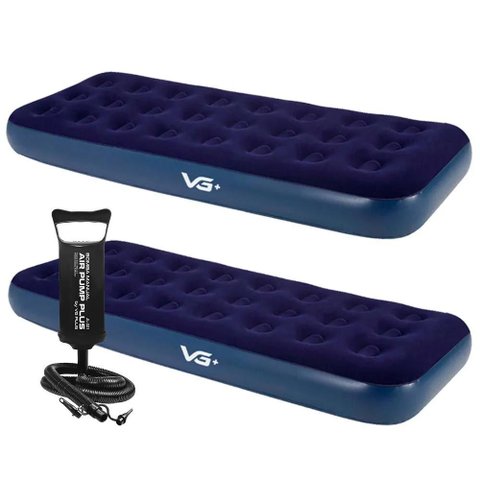 Kit 2 Colchões Infláveis Solteiro Flocked Comfort Azul com Bomba de Ar Manual Vg Plus