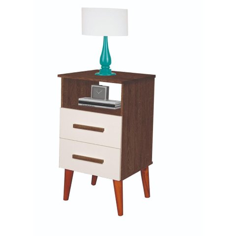 Criado Mesa de Cabeceira Retrô com 2 Gavetas e Nicho Rubi:canela/off White
