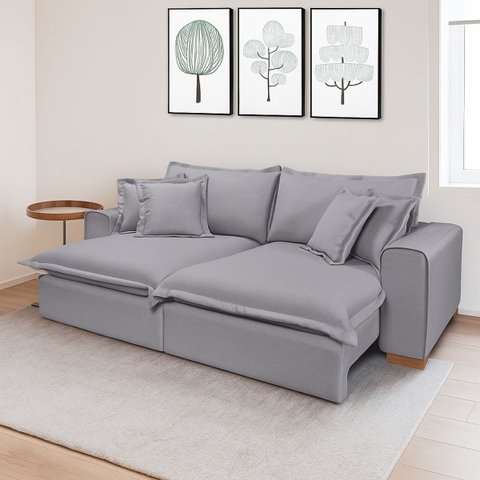 Sofá Confortável Retrátil e Reclinável Molas Ensacadas no Assento Tecido Linho Cinza Claro 2,50m