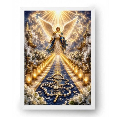 Quadro Caminho de Luz Dos 40 Dias com São Miguel 30x42cm Moldura Branca