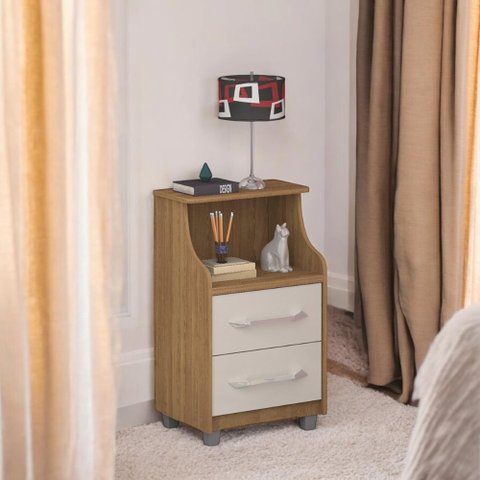 Mesa de Cabeceira com 02 Gavetas Topázio Freijó e Off White