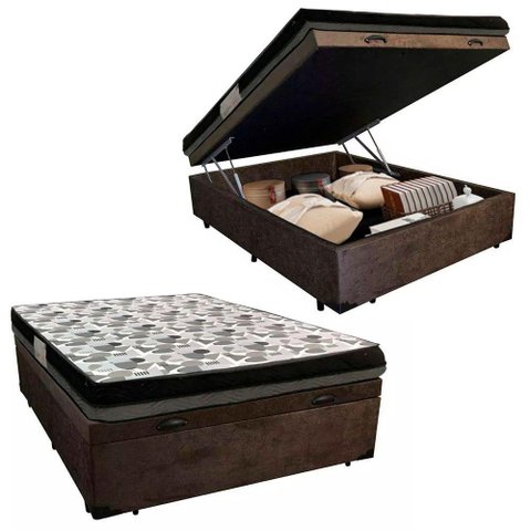Cama Baú Casal Suede + Colchão Casal Ortobom Iso Dupla Face 60x138x188 Marrom