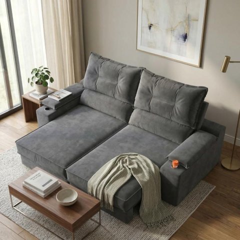 Sofá com Chaise Santiago 2 Lugares Retrátil 150cm Grafite Suede