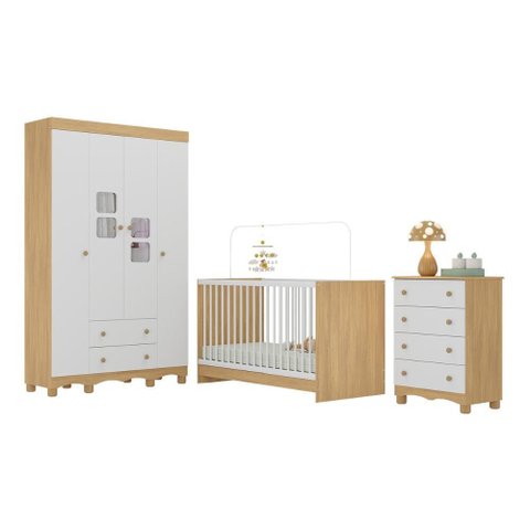 Quarto de Bebê Completo com Berço 3 em 1 para Colchão 130x60cm Luna Multimóveis Mp4524 Madeirado