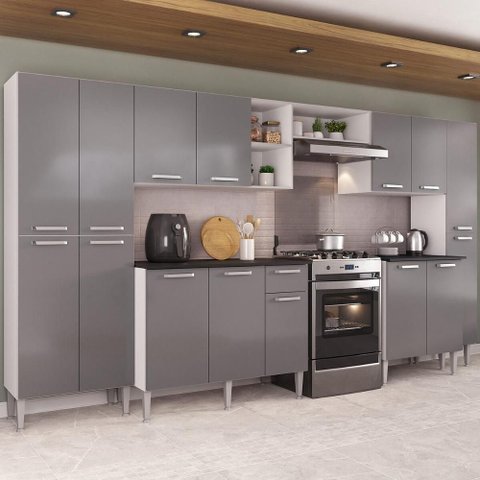 Armário Cozinha Modulada Completa 329,5cm Pequim Top Multimóveis Mp3754 Branco/lacca Fumê