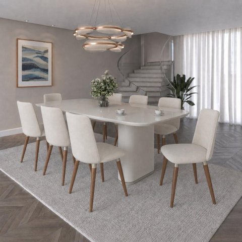 Conjunto de Jantar Mesa Lintz Off White 8 Cadeiras Dakota - Linho Off White - Linked 02