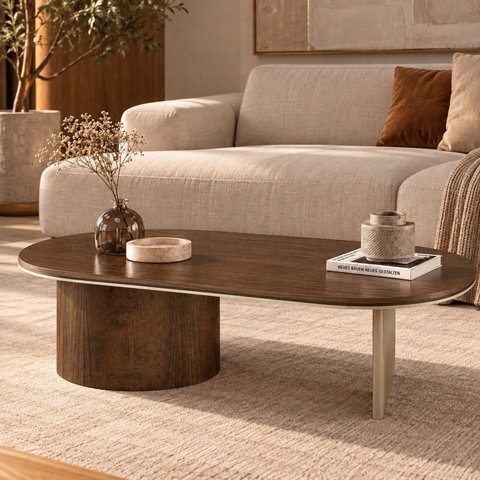 Mesa de Centro Oval Aurora 137cm Castanho/Champanhe