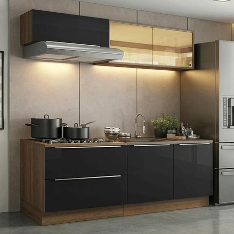 Armário de Cozinha Compacta 200 cm Rustic/Preto Lux Madesa 07