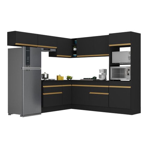 Armário de Cozinha Completa de Canto com Rodapé Veneza Multimóveis V2105 Preto/Dourado