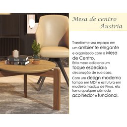Mesa de Centro Sala de Estar Decoração Pés Madeira Áustria Canela - 2