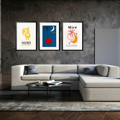 Kit 3 Quadros Grandes Miró Collection I 60x48cm:moldura Preta