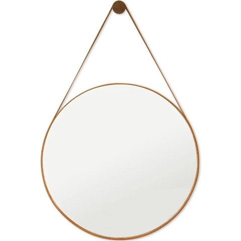 Espelho Adnet Redondo 60 Cm Alça De Couro + Suporte + Bucha - Caramelo