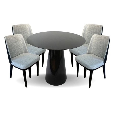 Conjunto Mesa de Jantar Cone 90 cm Laca Preta com 4 Cadeiras Londres Revestida em Tecido Linho e Cou