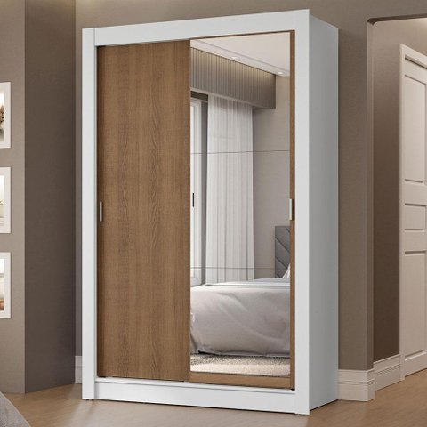 Guarda-roupa Solteiro 2 Portas de Correr com Espelho 2 Gavetas Branco/rustic Vivare Madesa Branco/