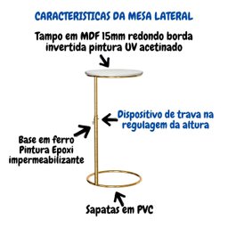 Mesinha Centro Canto Lateral Sofá Apoio Notebook Tampo Mdf:off White / Dourado - 3