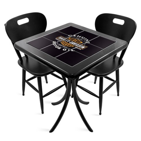 Conjunto Mesa Madeira Azulejo 60x60cm - Bistrô Fixa 78cm + 2 Cadeiras 43 - Preta - Harley Davidson Genuine