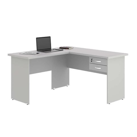 Mesa em L com Gaveteiro Sirius Carper Moderno 2 Gavetas MDP Cinza Plata Móveis