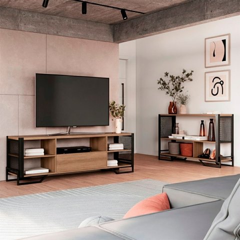 Conjunto Sala Rack e Aparador Industrial Mel P1017 P1021