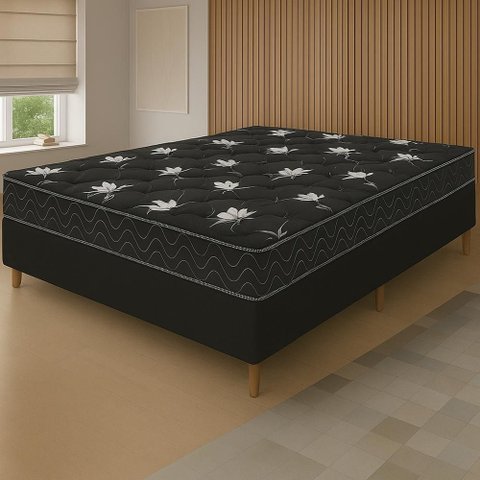 Cama Box Preta + Colchão Viúva Castelar Preto Espuma D33 Bordado 128x188x57cm