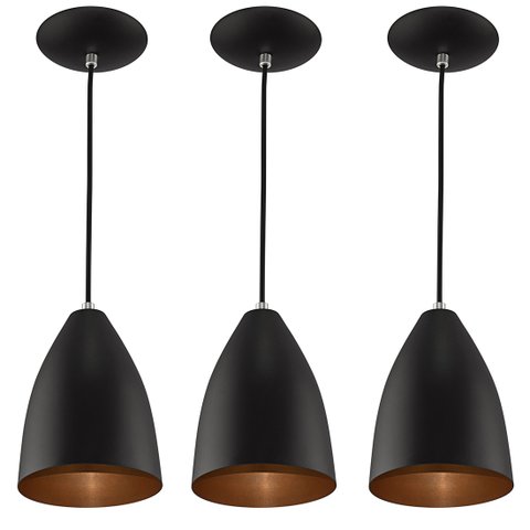 Kit 3 Pendentes Vegas Premium Gourmet Aluminio Preto/Cobre