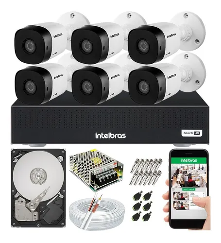 Kit 6 Cameras Full Hd 1080p Ir 20 Mts Vhl 1220b Intelbras, Dvr 8 Canais Intelbras, Hd 500gb, Cabo, F - 4