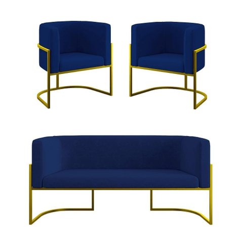 Kit 2 Poltronas + Sofá 2 Lugares Base de Metal Gold Balaqui Azul Marinho