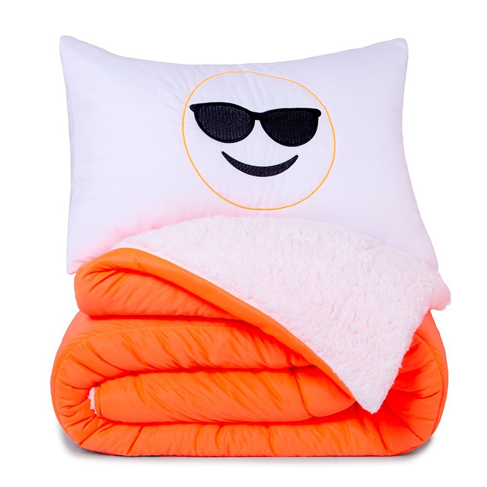 Coberdrom Solteiro Emoji Com Porta Travesseiro Bordado 02 Peças neon:laranja