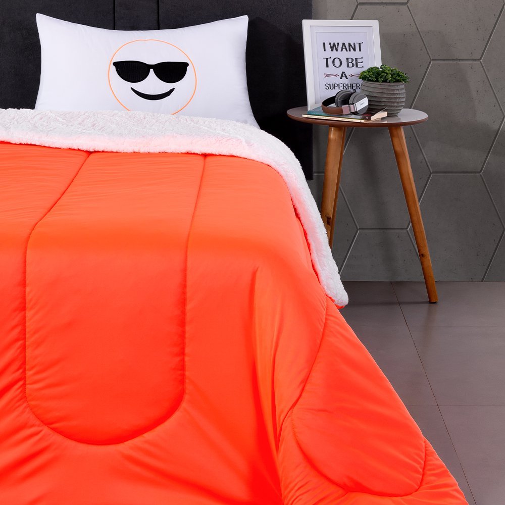 Coberdrom Solteiro Emoji Com Porta Travesseiro Bordado 02 Peças neon:laranja - 2