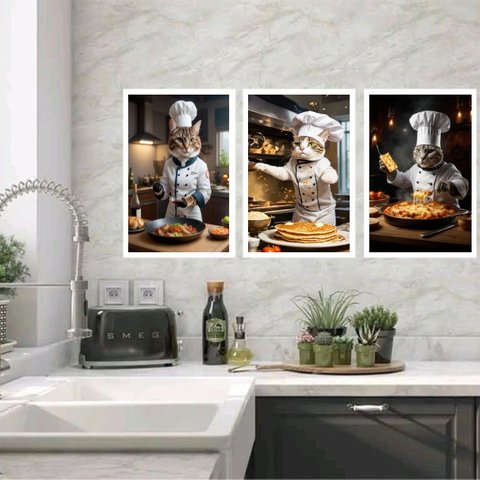 Kit 3 Quadros para Cozinha Gatos Cozinhando 33x24cm:moldura Branca