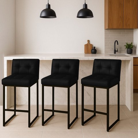Banqueta Cozinha Alta com Encosto Industrial Kit 3 Preto Lirina Pu Preto C05 - D’Rossi