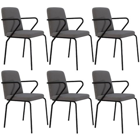 Kit 06 Cadeiras Estofada para Sala de Jantar com Braço Loft Preto C01 Linho Fendi Cinza - Lyam