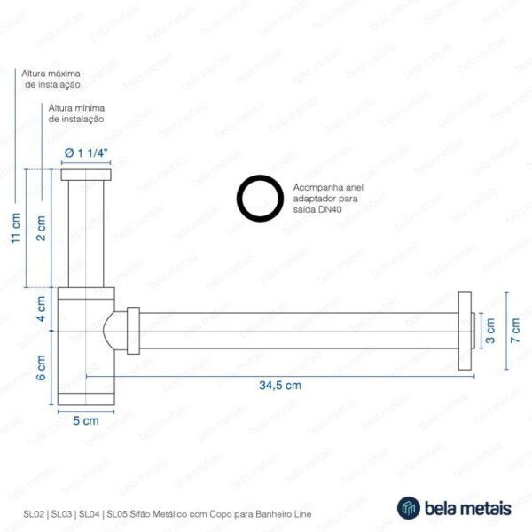 Sifão para Banheiro Metálico com Copo Line Bela Metais - 4