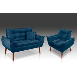 Kit 01 Poltrona + 01 Namoradeira Opala + 02 Almofadas Suede Azul Marinho-rv Decora