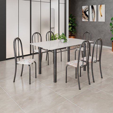 Conjunto de Mesa Tubular 140cm x 75cm Tampo em Vidro com 6 Cadeiras Iris B Prata/Botanic Bege/Mart