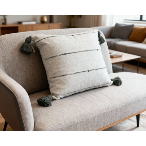 Capa de Almofada Rustica em Algodão 4 Listras com Pompom Verde/cru