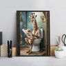 Quadro Banheiro Girafa Lendo Jornal no Vaso 24x18cm - com Vidro:madeira Branca - 2