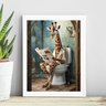 Quadro Banheiro Girafa Lendo Jornal no Vaso 24x18cm - com Vidro:madeira Branca - 1