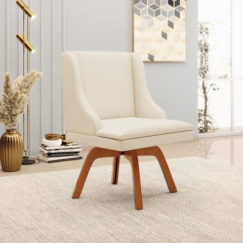 Cadeira Decorativa Sala de Jantar Base Giratória de Madeira Firenze Linho Bege/natural G19