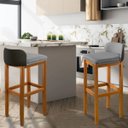 Ver imagem 1 de Kit 2 Banqueta Alta Bar Balcão Onix Banco Área Gourmet Sacada Pés Madeira Cor Bege Detalhe em Preto