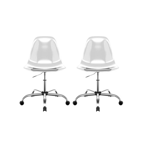 Kit com 2 Cadeiras Eames Office Cristal Base Cromada com Rodízios Design Moderno Ergonômico