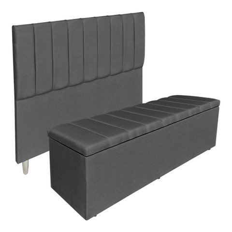 Kit Cabeceira e Calçadeira Baú Casal King 1,95m Londres Suede Cinza Dal Poz Estofados