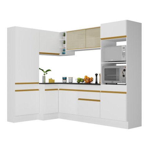 Armário de Cozinha Completa de Canto com Rodapé Veneza Multimóveis V2085 Branco/Dourado