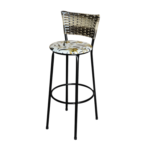 Banqueta Alta Para Cozinha Ratan Cappuccino Premium Preta Estofado Floral  Floral 
