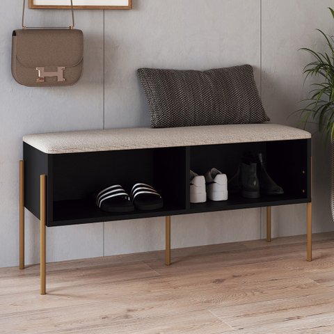 Banco Sapateira Estofada para Quarto Pé Metal Arlo A10 Nero/dourado - Mpozenato