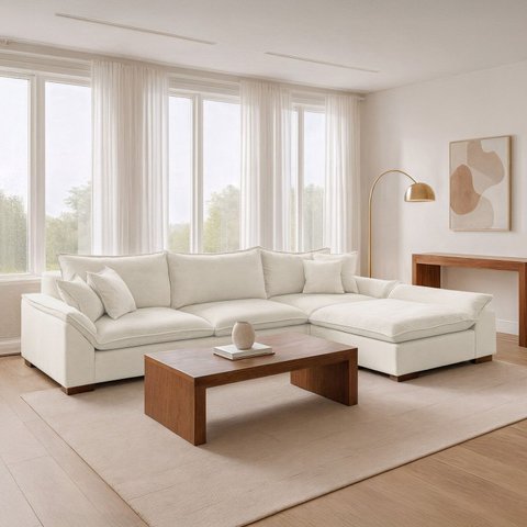 Sofá de Canto Modulado com Chaise 6 Lugares Base em Madeira Maciça Dominique